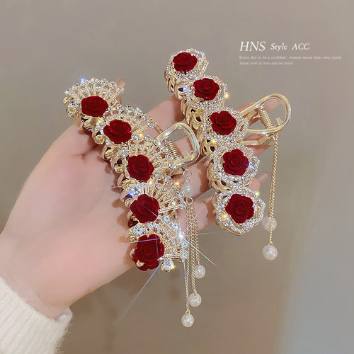 日韩合金材质玫瑰花流苏发夹抓夹