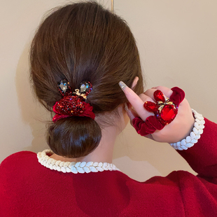 红色丝绒水钻可爱兔子大肠发圈皮筋女绑头发绳高弹力头绳秋冬头饰