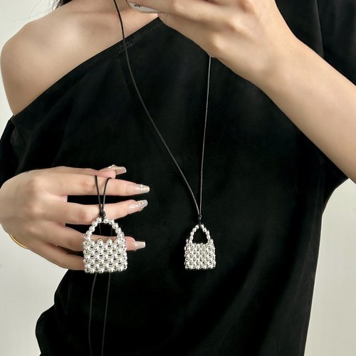 韩系银色串珠编织包包项链