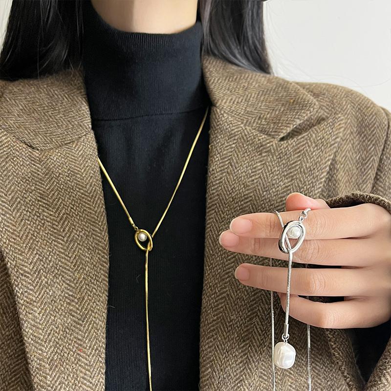 欧美跨境爆款不锈钢珍珠延长链百搭时尚简约毛衣链高级锁骨链吊坠