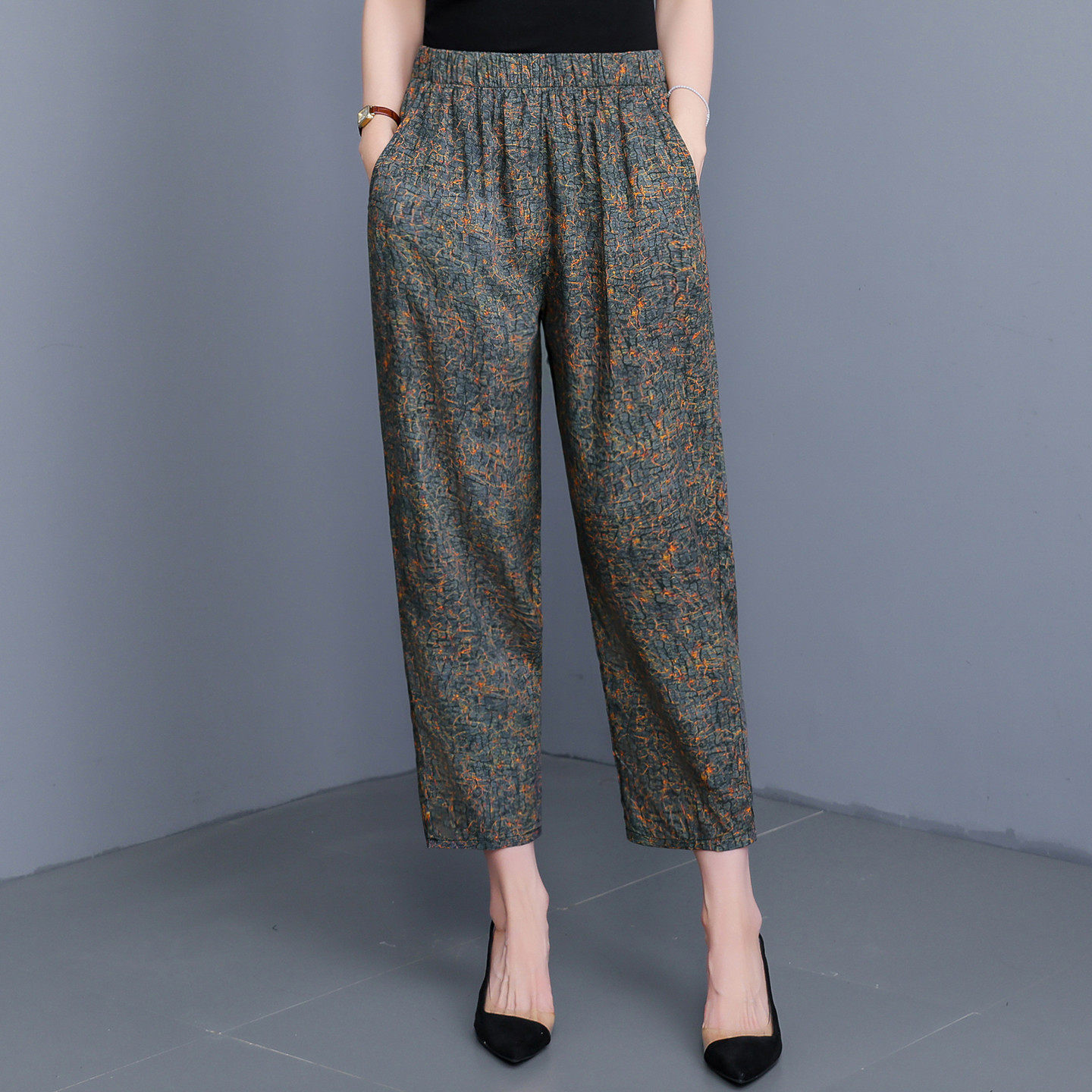 中老年夏季印花休闲棉绸九分裤女松紧高腰睡裤女士宽松直筒家居裤