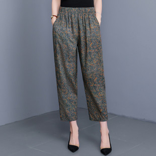 女士宽松直筒家居裤 女松紧高腰睡裤 印花休闲棉绸九分裤 中老年夏季