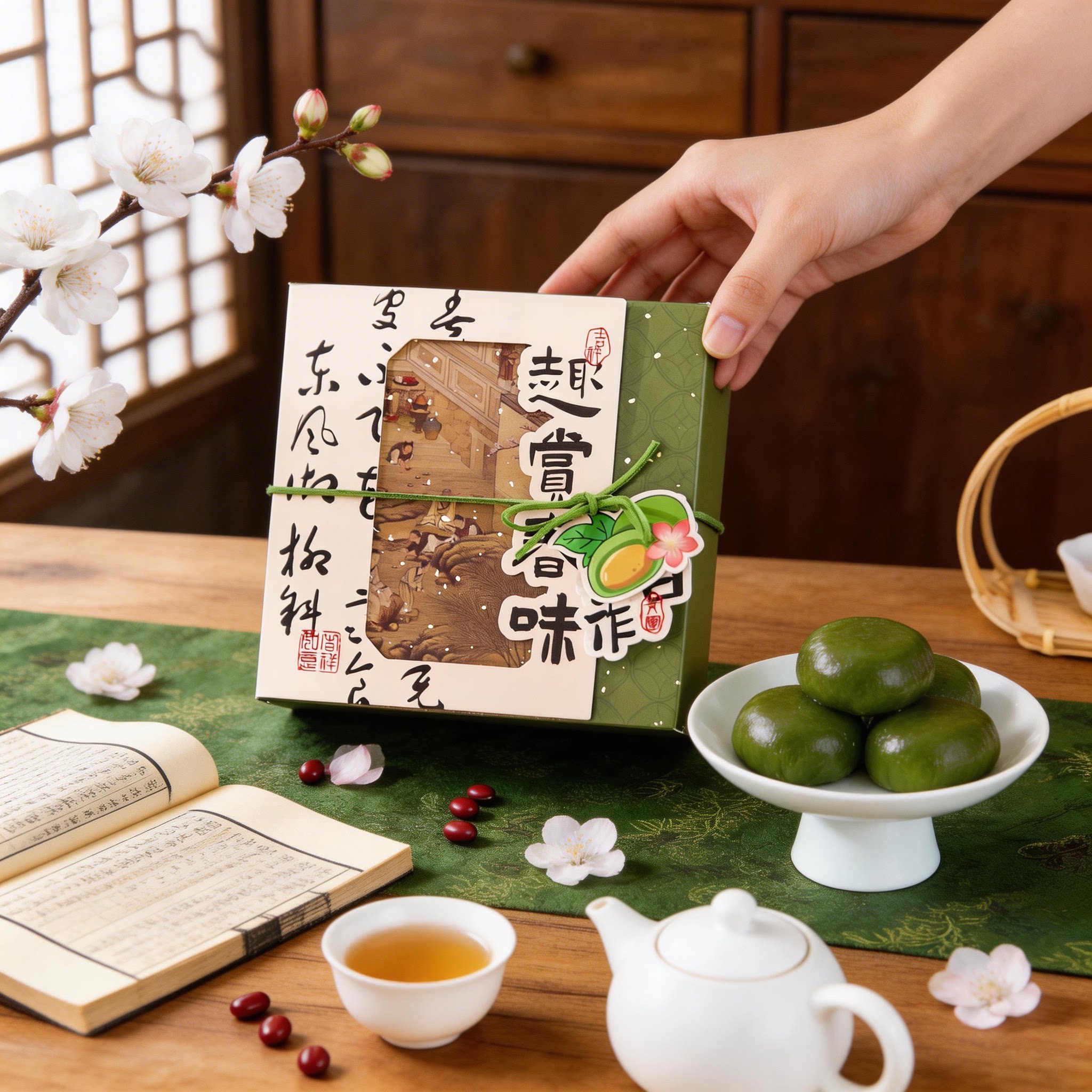 四粒专用清明果贴纸青团包装盒创意绿豆糕烘焙礼盒手提打包空盒子