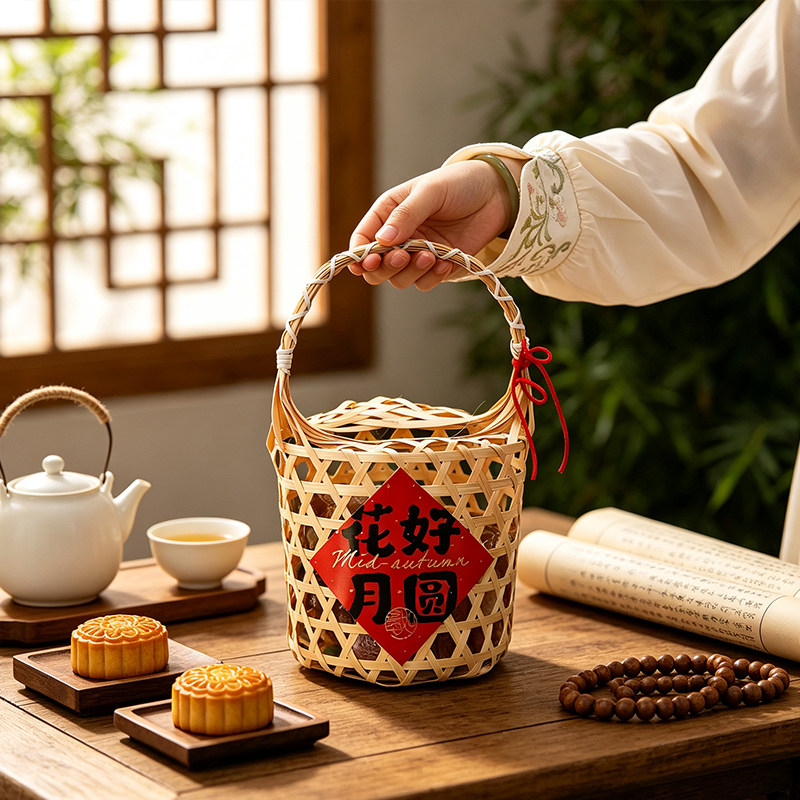 2026手工竹编礼盒提篮礼品篮藤编中秋田园风格月饼伴手礼鸡蛋篮子
