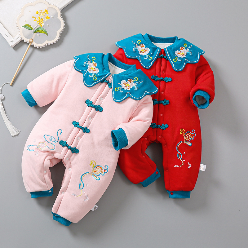 婴儿冬装连体衣服加厚中国风唐装喜庆拜年服女宝宝加厚棉衣新年装