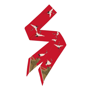 国风复古仙鹤红色丝巾小长条女窄飘带发带高级感绑包丝带腰带领巾