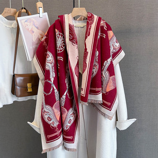 酒红色仿羊绒围巾女冬季韩版百搭轻奢骏马图案多功能披肩围脖两用