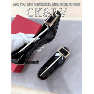 CK&RV羊皮~真皮方扣厚黑色单鞋女鞋粗跟方头高跟鞋细跟通勤平底鞋