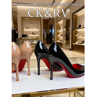 水钻红底黑色漆皮高跟鞋女细跟2025新款婚鞋绝美性感侧空尖头单鞋