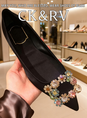 CK&RV高定~黑色水钻方扣平底鞋女鞋尖头红色软底单鞋新娘婚鞋女