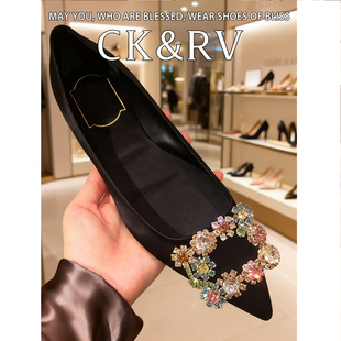 CK&RV高定~黑色水钻方扣平底鞋女鞋尖头红色软底单鞋新娘婚鞋女