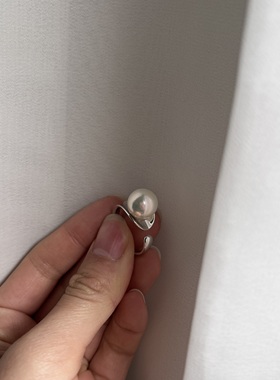 Stella手作 极简通体925银爱迪生冷白光淡水珍珠正圆戒指开口