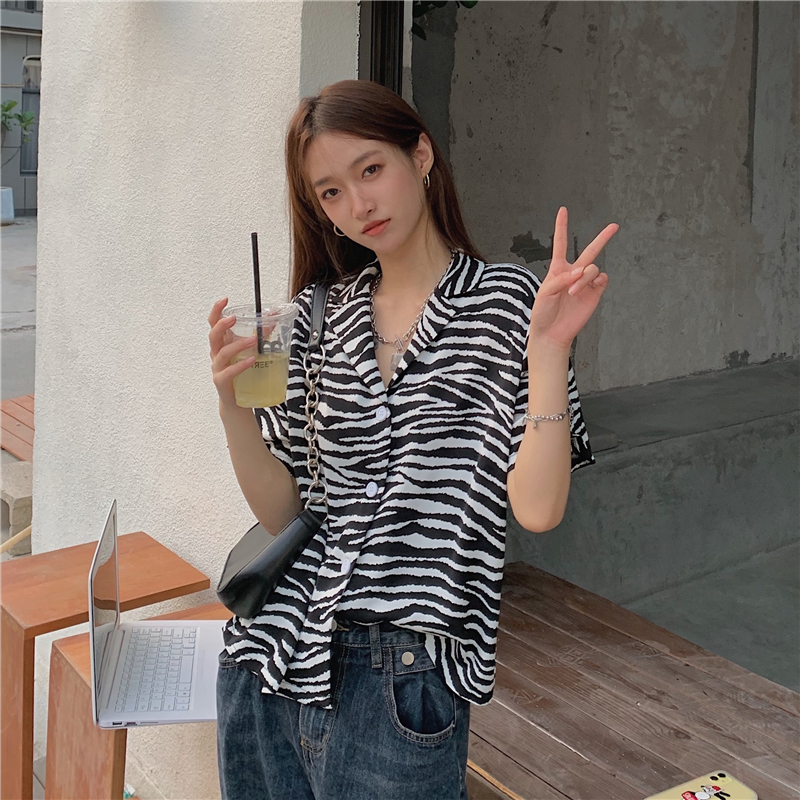 Real price retro casual zebra short sleeve suit collar shirt