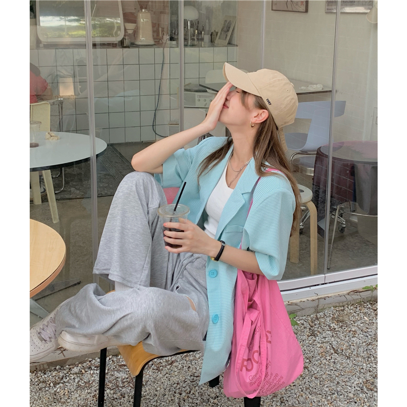 Summer new light and thin thousand bird lattice versatile temperament short sleeve suit coat