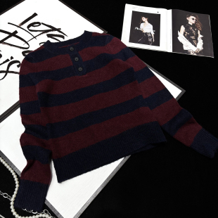 CCA自制美式 复古辣妹风亨利领拼色条纹套头毛衣撞色慵懒风针织衫
