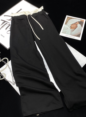 CCA双腰拼接撞色抽绳卫裤黑色显瘦拼色拖地阔腿运动裤垂感长裤子