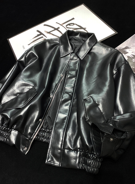 CCA自制男友风翻领oversize黑色皮衣外套肩部拼接复古大版皮夹克