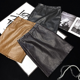 CCA自制法式 复古秋冬高腰包臀皮裙半身裙PU皮开叉中裙通勤一步裙