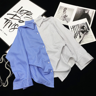 中长款 衬衫 拼色设计感衬衣 撞色对半拼接条纹长袖 CCA自制ins博主款