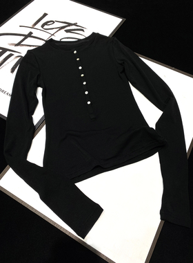 CCA自制亨利领半开襟圆领含羊毛长袖T恤黑色百搭修身打底显瘦上衣