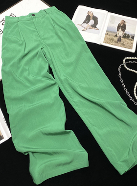 CCA自制复古绿色高腰垂感褶皱长裤光泽感拖地宽松显瘦阔腿休闲裤