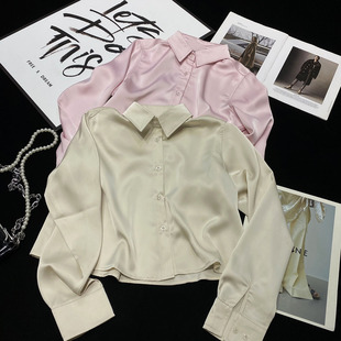 高腰仿绸缎粉色亮面衬衣 短款 CCA自制高街老钱风纯色缎面长袖 衬衫