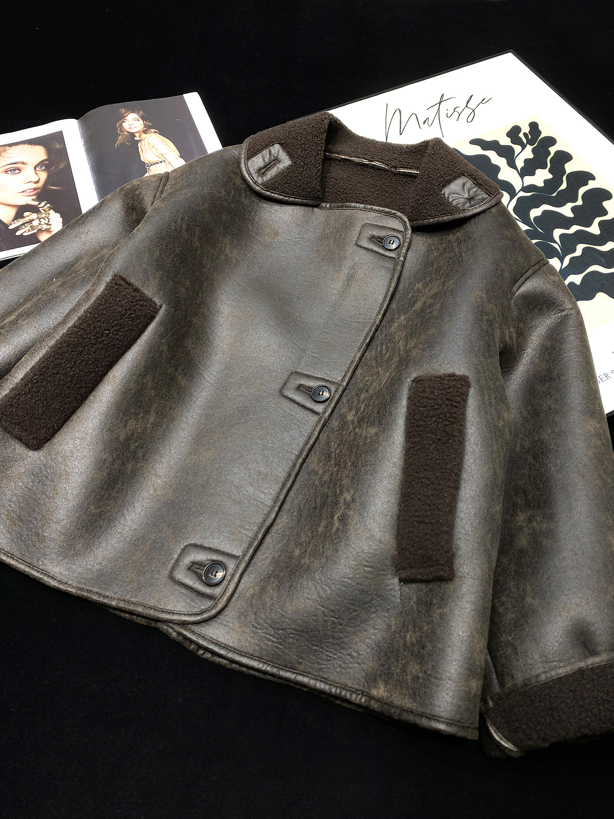 复古单排扣皮毛一体仿麂皮绒外套