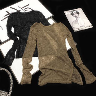 防晒修身 性感长袖 T恤上衣 透视蕾丝衫 CCA自制侧开叉镂空网眼中长款