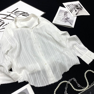 CCA自制宋慧乔同款竖条纯棉白衬衫度假风微透慵懒风毛边白色衬衣