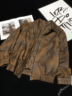 欧美复古做旧宽松麂皮绒夹克外套