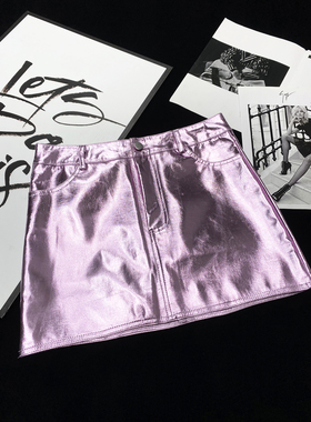 CCA自制美式辣妹风电光粉亮皮半身裙粉色PU皮反光短裙包臀裙A字裙