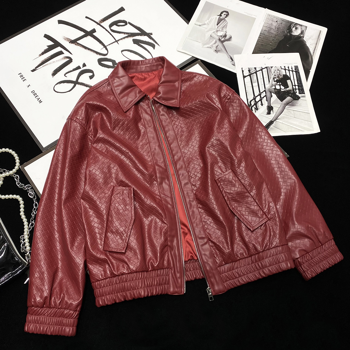 CCA自制美式复古人造编织纹PU皮飞行员夹克大版红色翻领皮衣外套