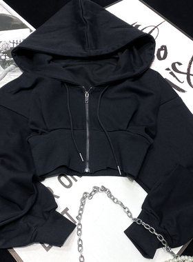 CCA自制辣妹黑色短款连帽卫衣收腰运动帽衫超短拉链夹克外套女潮