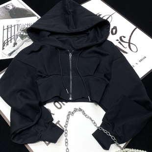 CCA自制辣妹黑色短款连帽卫衣收腰运动帽衫超短拉链夹克外套女潮