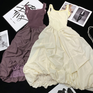 CCA自制法式 复古带胸垫露背连衣裙假两件撞色背心裙蓬蓬裙长裙女
