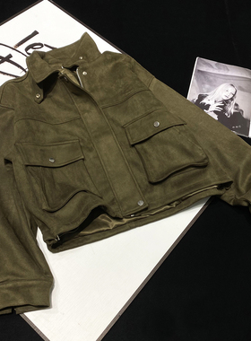 CCA自制高街欧美ins博主款军绿色麂皮绒外套短款工装大口袋夹克女