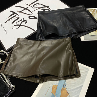 CCA自制美式辣妹风低腰开叉PU皮半身裙防走光裤裙短款皮裙短裙女