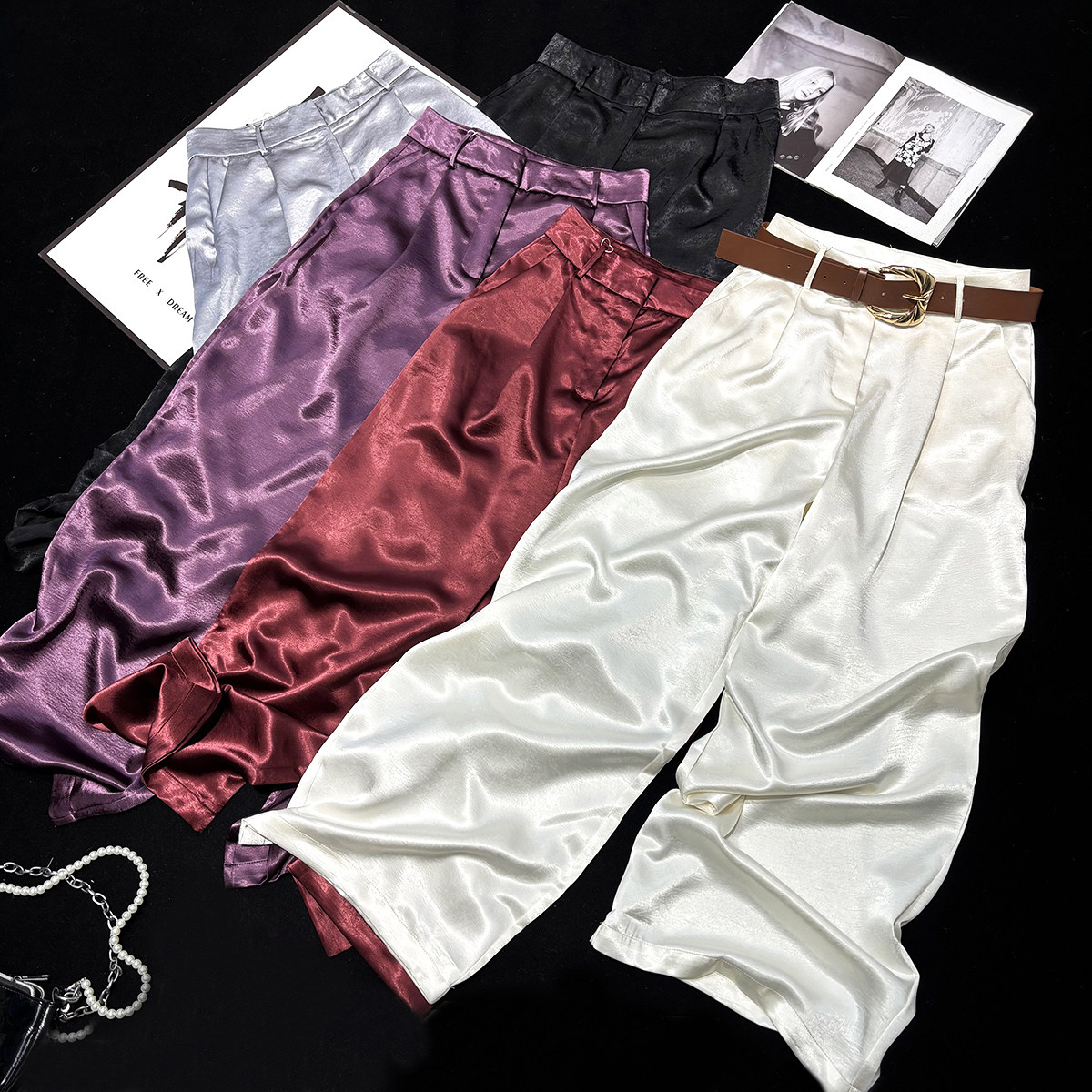 CCA自制仿绸缎亮面醋酸高腰阔腿裤缎面光泽感拖地休闲裤女送腰带,女装/女士精品,休闲裤,淘宝优惠券,粉丝福利购,淘宝优惠卷