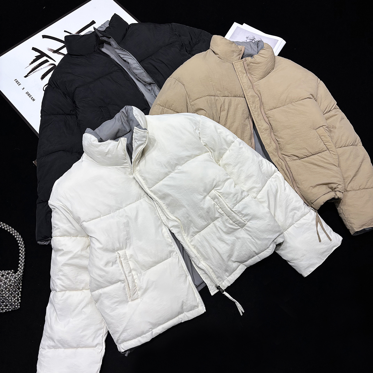 CCA自制双面穿立领棉衣内外撞色短款小个子高腰加厚面包棉服外套