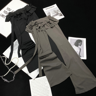 CCA自制设计感瑜伽荷叶边裙摆蝴蝶结系带微喇长裤 拖地弹力喇叭裤