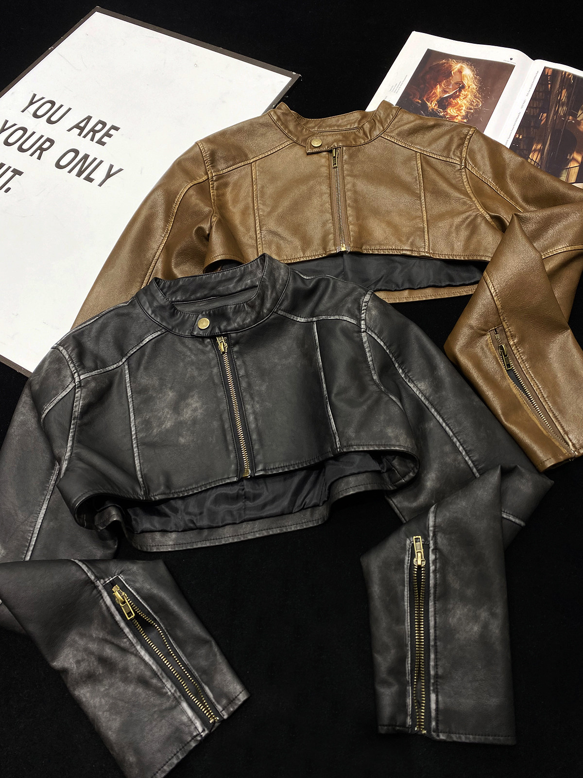 陈瑶同款机车辣妹风超短款做旧水洗皮衣坎肩PU皮长袖骑行服短外套