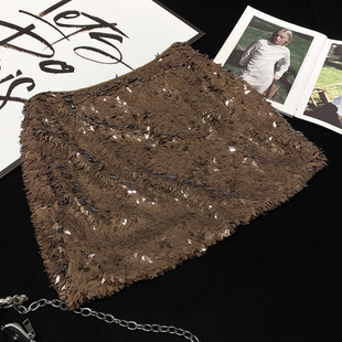 CCA自制ins洋气时髦树叶亮片高腰半身裙亮闪闪夜店辣妹短裙A字裙