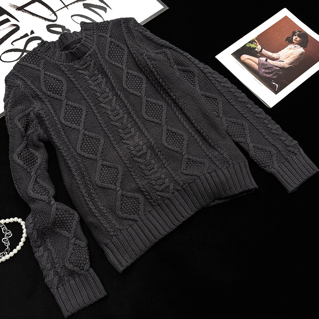 CCA自制老钱风高级灰套头毛衣复古绞花麻花圆领长袖宽松针织衫女