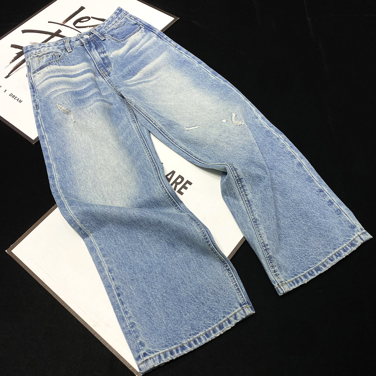 CCA自制辣妹风猫须磨破水洗磨白牛仔裤直筒宽松拖地显瘦破洞长裤