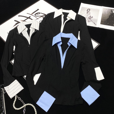 CCA自制高级感辣妹撞色假两件衬衫翻领拼接修身显瘦衬衣拉链上衣