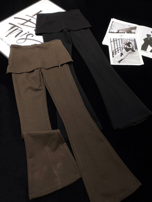 低腰假两件微喇裤弹力显瘦长裤