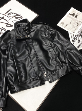 CCA自制美式辣妹风黑色立领拼接机车皮衣外套哑光皮夹克大版皮衣