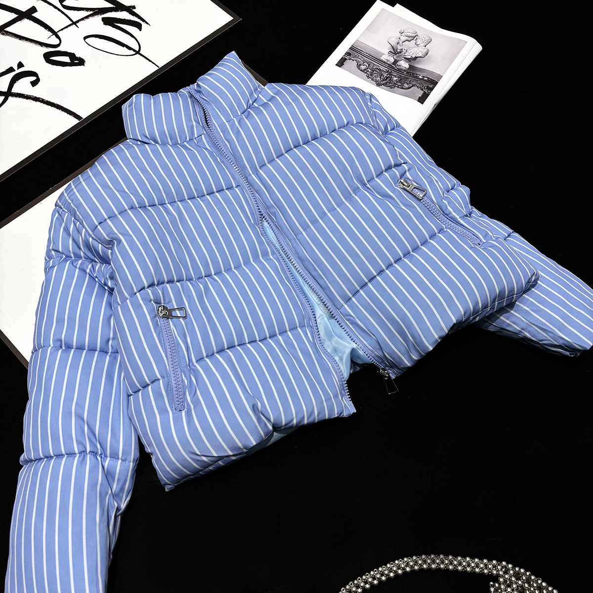 CCA自制北欧拼色蓝白条纹短款棉服外套立领高腰小个子面包棉衣女