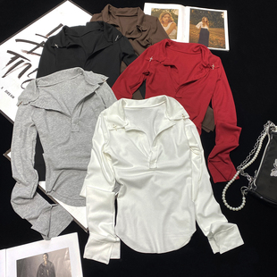 CCA自制纯欲风沙漏腰中长翻领打底长袖 开叉上衣 T恤弧形下摆喇叭袖