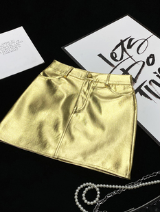CCA自制欧美ins博主款金属光泽半身裙金色亮面PU皮短裙A子群女潮